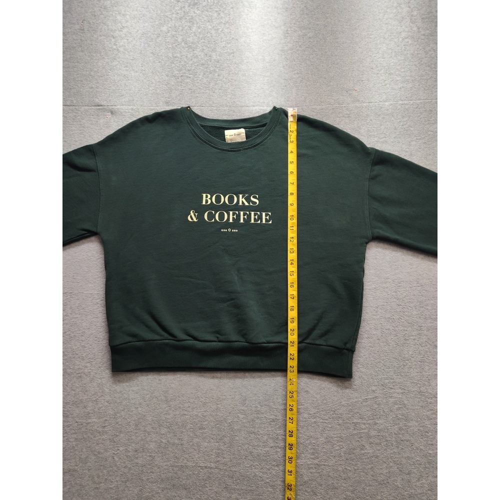 Books & Coffee Women Sweatshirt L Dark Green 100% Cotton Graphic Comfy Pullover - Picture 8 of 16